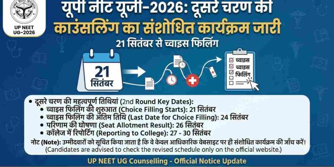 यूपी नीट यूजी 2026: दूसरे चरण की काउंसलिंग का संशोधित कार्यक्रम जारी, 21 सितंबर से च्वाइस फिलिंग